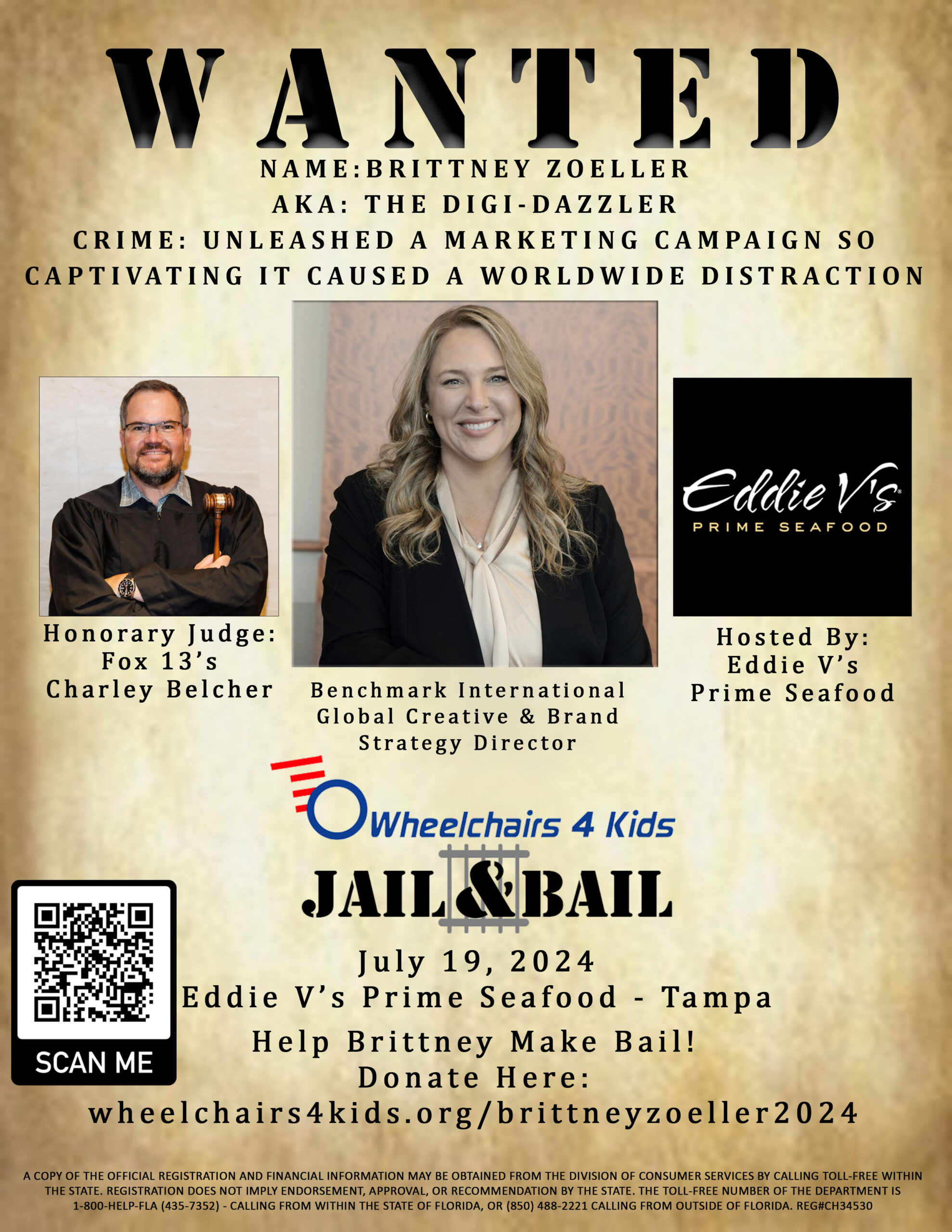 Brittney Zoeller 2024 campaign poster for Wheelchairs 4 Kids Jail & Bail Fundraiser